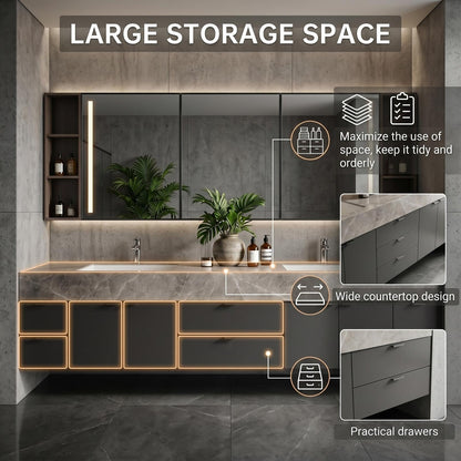 68‘’-96‘’ Modern Floating Double Sink Vanity with Grey Marble-Look Surface