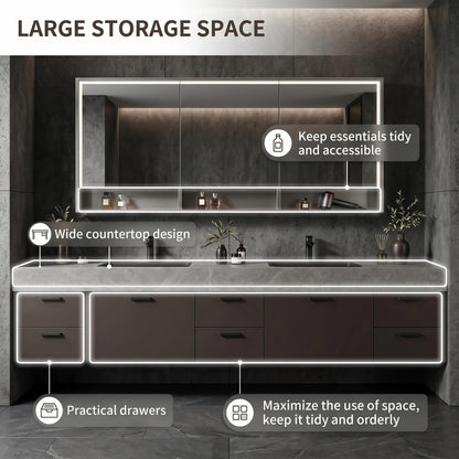 60‘’-96‘’Modern Floating Double Sink Vanity with Dark Stone Finish