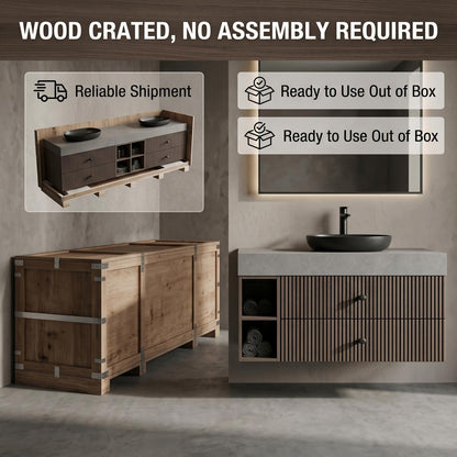 60''-96''Elegant Modern Double Sink Vanity with Dark Walnut Finish