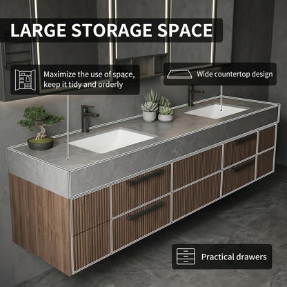 60‘’-96‘’ Modern Floating Double Sink Vanity with Grey Stone Top