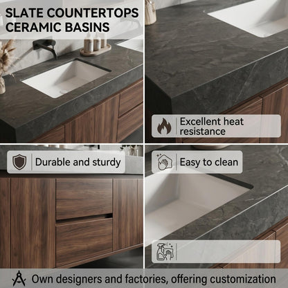 68''-96'' Luxurious Floating Double Sink Vanity with Rich Walnut Wood Grain Finish