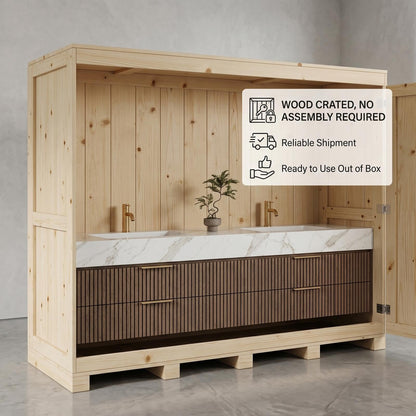 60"-96"Modern Floating Double Sink Vanity with Slatted Front Panel