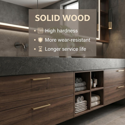 60“-96”Elegant Double Sink Vanity in Dark Walnut with Open Shelf for Bathroom Organization