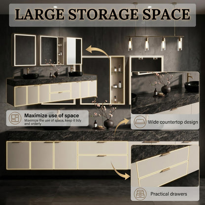68” - 96”Elegant Luxurious  Floating Double Sink Vanity with Dark Walnut Finish