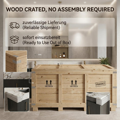 68''-96''Sleek Modern Floating Double Sink Vanity with Dark Grey Fluted Panels