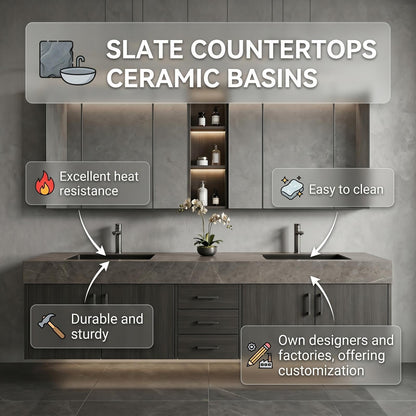 68''-96''Sleek Floating Double Sink Vanity with Stone-Like Surface