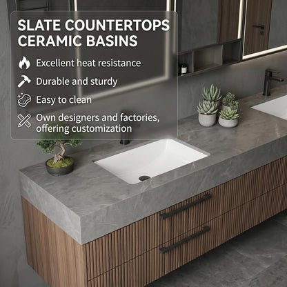 60‘’-96‘’ Modern Floating Double Sink Vanity with Grey Stone Top