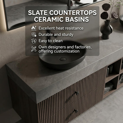 60''-96''Elegant Modern Double Sink Vanity with Dark Walnut Finish
