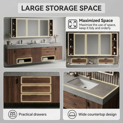 68''-96''Sleek Floating Vanity with Slatted Center Panel