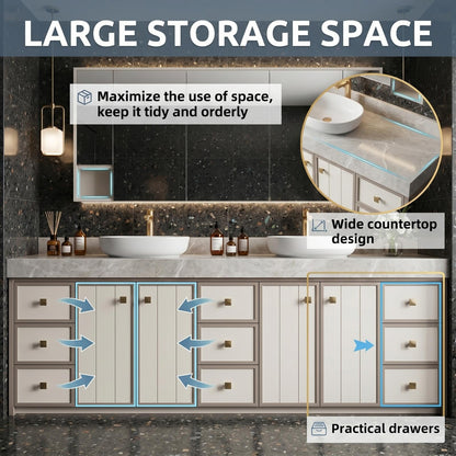 68‘’-96‘’Modern Floor Standing Double Sink Vanity with White Paneled Front