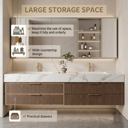 60"-96"Modern Floating Double Sink Vanity with Slatted Front Panel