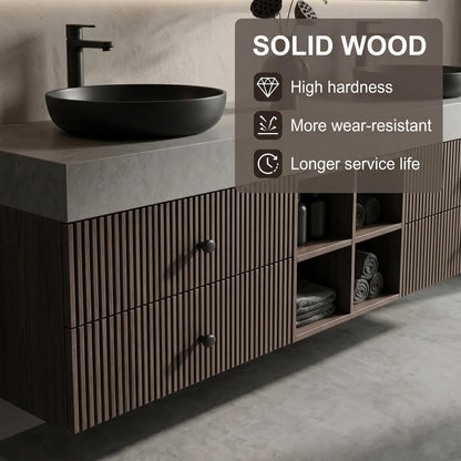60''-96''Elegant Modern Double Sink Vanity with Dark Walnut Finish