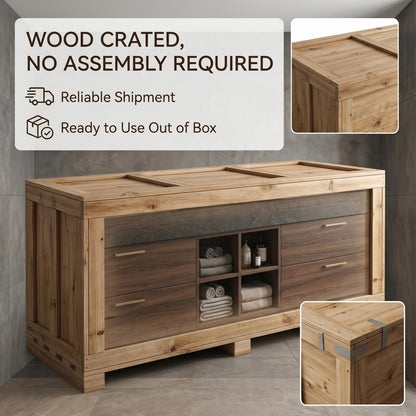 60“-96”Elegant Double Sink Vanity in Dark Walnut with Open Shelf for Bathroom Organization