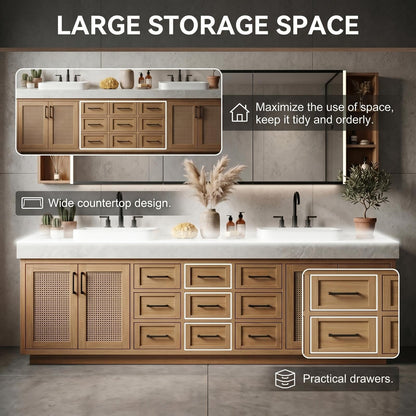 68‘’-96‘’Bathroom Vanity with Sink Modern Solid Wood Double Sink Vanity with Cane Mesh Doors