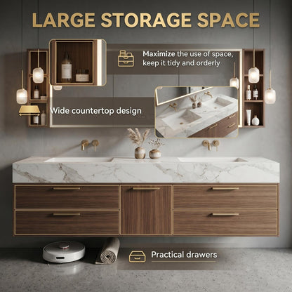 60‘’-96‘’Modern Floating Double Sink Vanity with Clean Marble Top