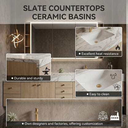 68''-96''Modern Floating Double Sink Vanity Featuring Warm Light Wood Finish