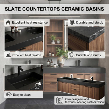 60''-96''Bathroom Vanity with Sink - Modern Floating Double Sink Vanity with Dark Walnut Finish