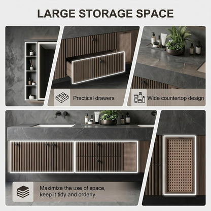 68‘’-96‘’ Luxury Floating Double Sink Bathroom Vanity with Dark Walnut Finish