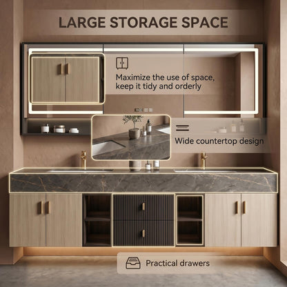 68''-96''Bathroom Vanity with Sink  Modern Floating Double Vanity with Dark Marble Top