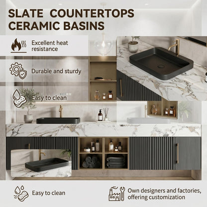 68''-96''Sleek Modern Floating Double Sink Vanity with Dark Grey Fluted Panels