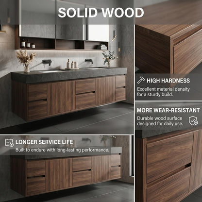 68''-96'' Luxurious Floating Double Sink Vanity with Rich Walnut Wood Grain Finish