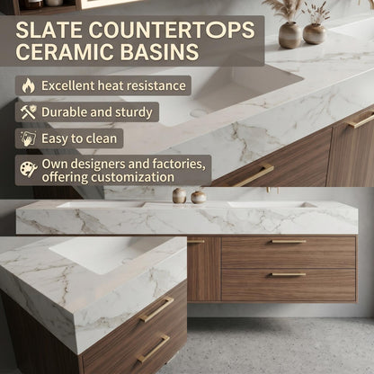 60‘’-96‘’Modern Floating Double Sink Vanity with Clean Marble Top
