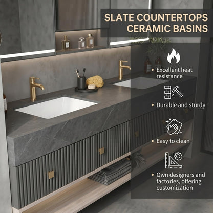 68''-96''Bathroom Vanity with Sink Modern Floating Featuring Ribbed Panel Fronts in Dark Grey