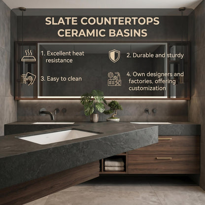 60“-96”Elegant Double Sink Vanity in Dark Walnut with Open Shelf for Bathroom Organization