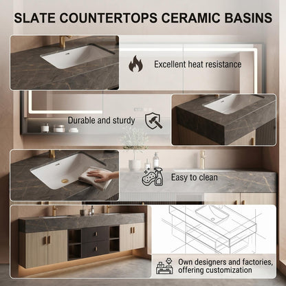 68''-96''Bathroom Vanity with Sink  Modern Floating Double Vanity with Dark Marble Top