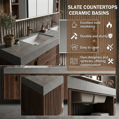 68''-96''Sleek Floating Vanity with Slatted Center Panel