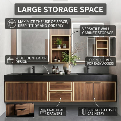 60''-96''Bathroom Vanity with Sink - Modern Floating Double Sink Vanity with Dark Walnut Finish