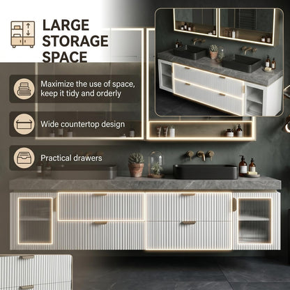 60''-96''Bathroom Vanity with Sink Double Sink Floating Vanity with Fluted Ribbed Panels