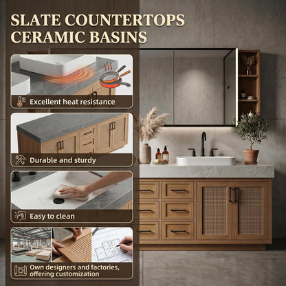 68‘’-96‘’Bathroom Vanity with Sink Modern Solid Wood Double Sink Vanity with Cane Mesh Doors