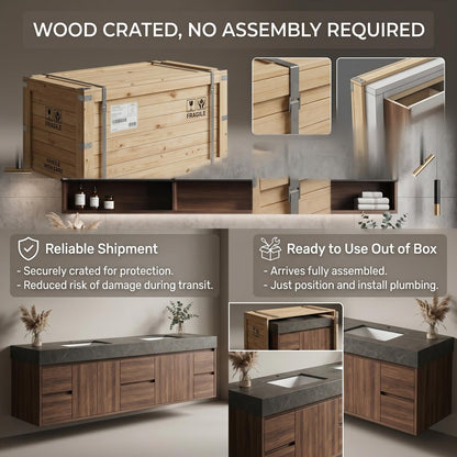 68''-96'' Luxurious Floating Double Sink Vanity with Rich Walnut Wood Grain Finish