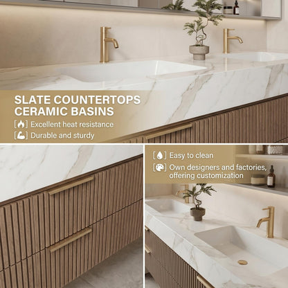 60"-96"Modern Floating Double Sink Vanity with Slatted Front Panel