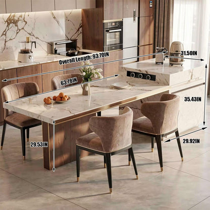 86"-102"Luxury Marble & Wood Kitchen Island Dining Combo with Built-in Outlets & Gold Trim