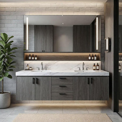 60"-96"Modern Wall-Mounted Bathroom Vanity with Double Sinks & Open Mirror Shelf