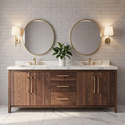60"-96"Modern Walnut Bathroom Vanity with Double Sinks, Marble Top & Gold Hardware