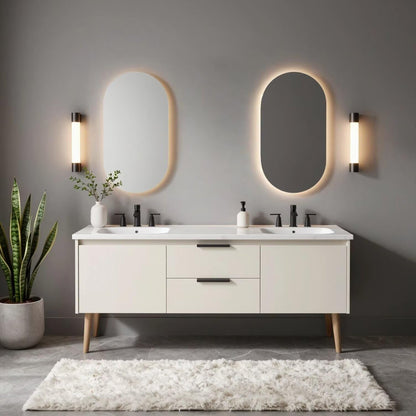 60"-96"White Mid-Century Bathroom Vanity with Double Sinks & LED Oval Mirrors