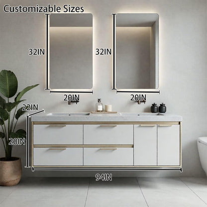 60"-96"Modern Wall-Mounted Bathroom Vanity with Stone Top & Light Wood Trim