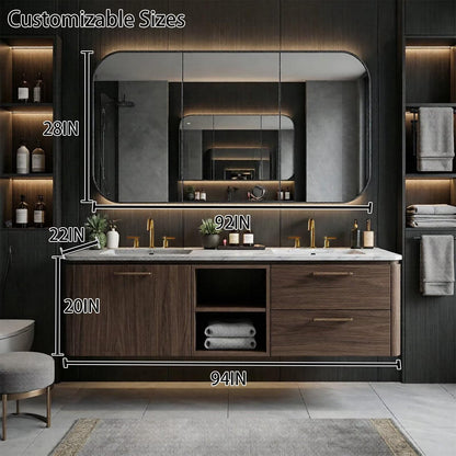 60"-96"Walnut Floating Bathroom Vanity with Marble Top & LED Framed Mirror