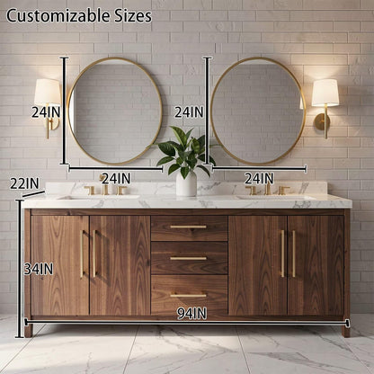 60"-96"Modern Walnut Bathroom Vanity with Double Sinks, Marble Top & Gold Hardware