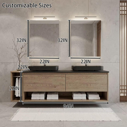 60"-96"Modern Oak Floating Bathroom Vanity with Double Black Vessel Sinks & Open Shelves
