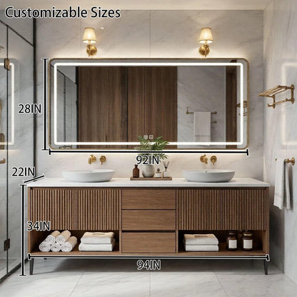 60"-96"Wood Fluted Bathroom Vanity with Double Vessel Sinks & LED Lighted Mirror