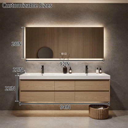 60"-96"Light Oak Floating Bathroom Vanity with Double Sinks & Large LED Backlit Mirror