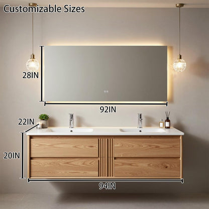 60"-96"Modern Oak Floating Bathroom Vanity with Double Sinks & LED Backlit Mirror