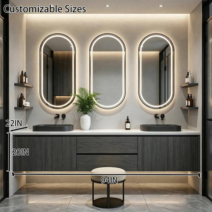 60"-96"Dark Wood Floating Bathroom Vanity with Double Sinks & LED Oval Mirrors