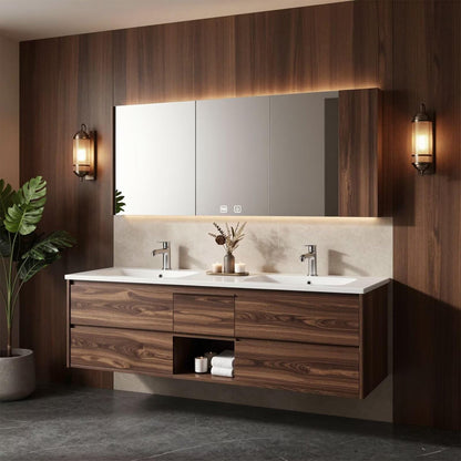 60"-96"Walnut Floating Double Bathroom Vanity with LED Medicine Cabinet & Open Shelf