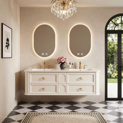60"-96"Cream White Floating Bathroom Vanity with Double Sinks & LED Oval Mirrors