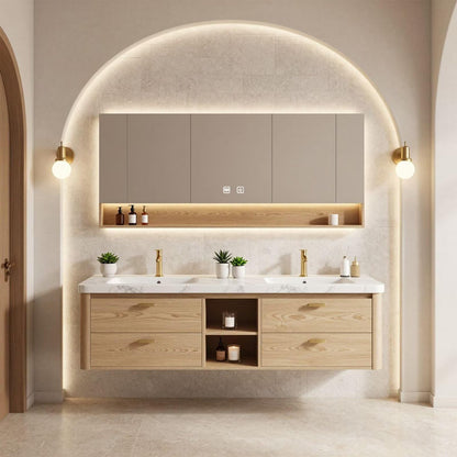 60"-96"Floating Oak Double Bathroom Vanity with Marble Countertop & LED Mirror Cabinet